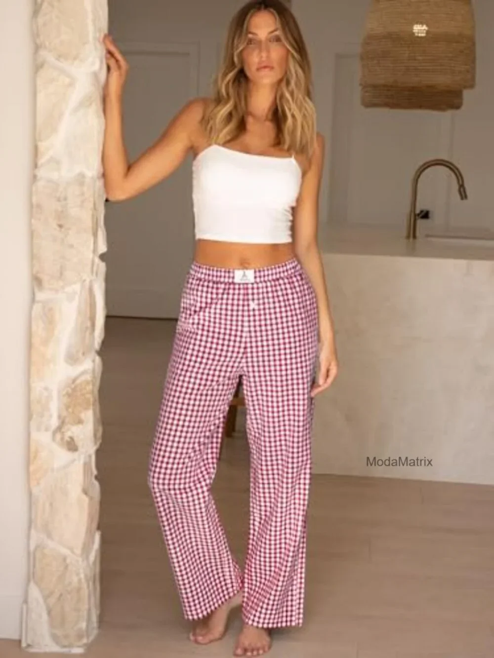 Women's Gingham Lounge Pajama Pants with Pockets - Relaxed Fit